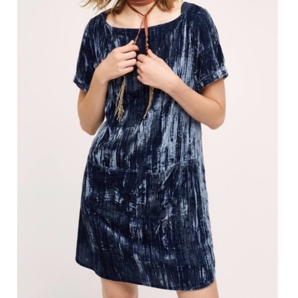 Floreat Short Sleeve Velvet Crinkle Shift Mini Dress Navy Size XS Petite